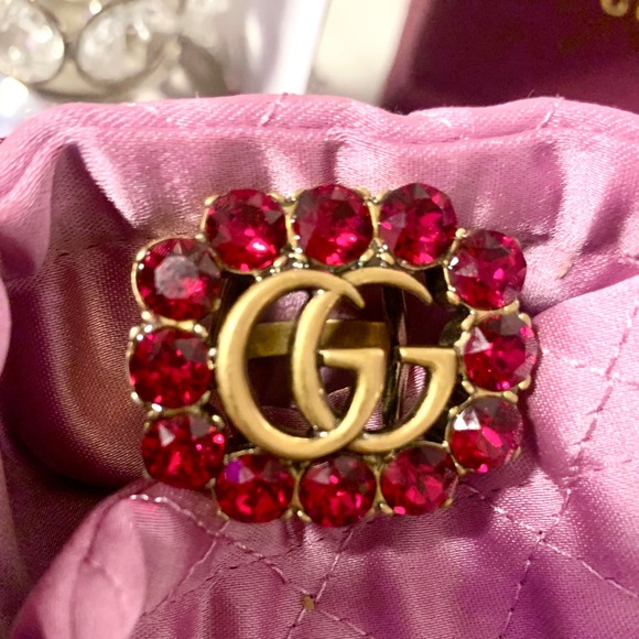 💖💯🆕Gucci Marmont Double G Pink Crystal Ring in Gold - Picture 4 of 16